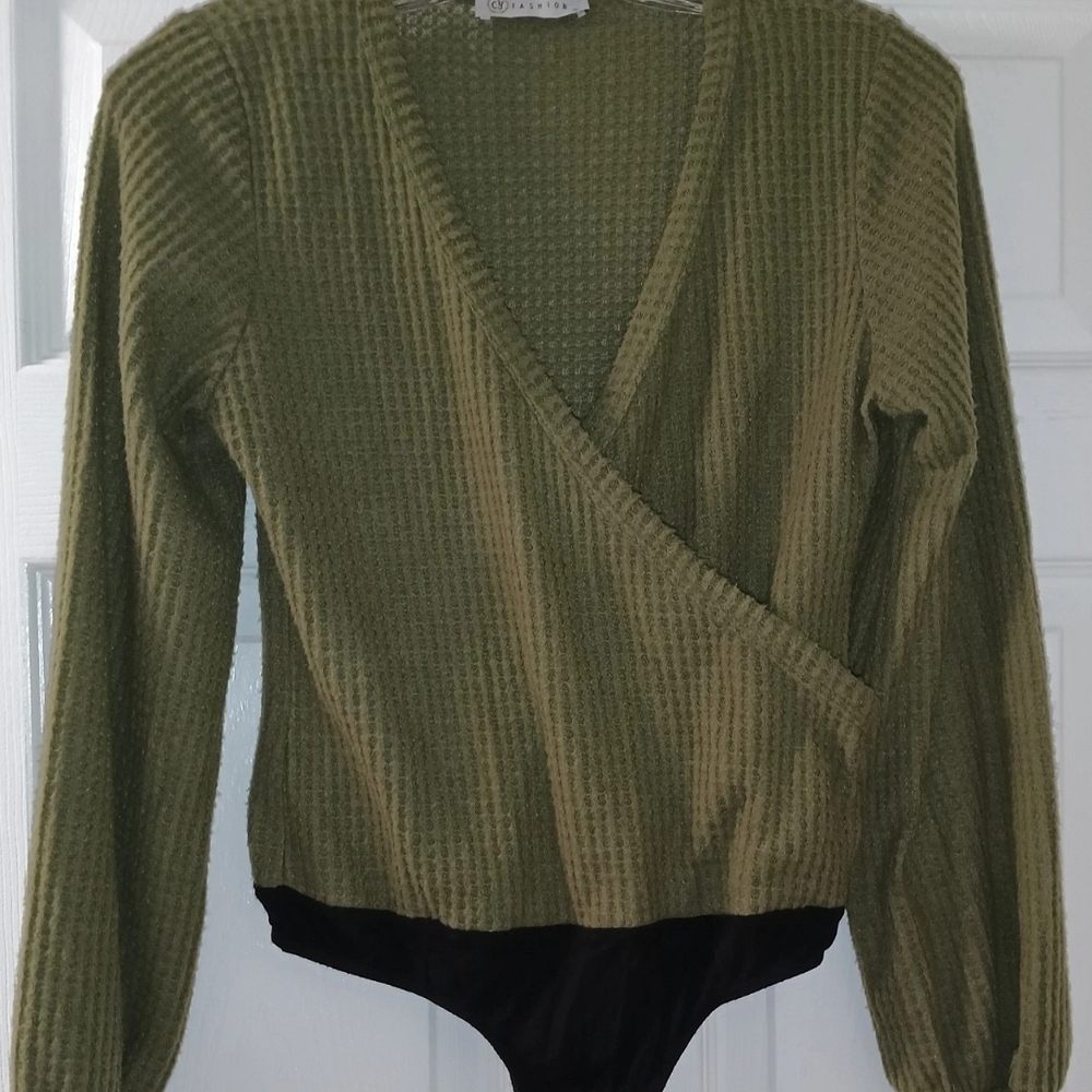 Waffle Knit Olive Green Surplice Bodysuit - Women